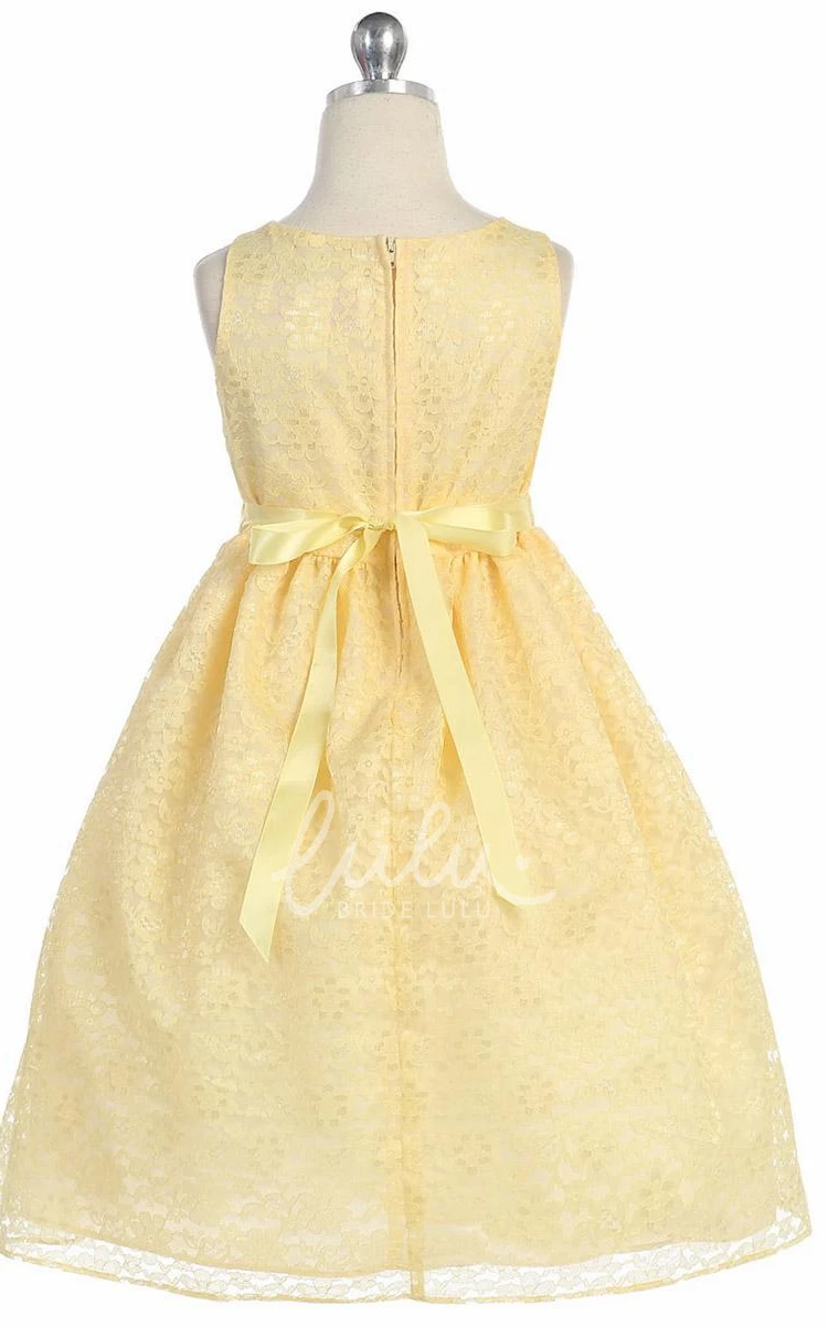 Lace Tea-Length Flower Girl Dress with Floral Design