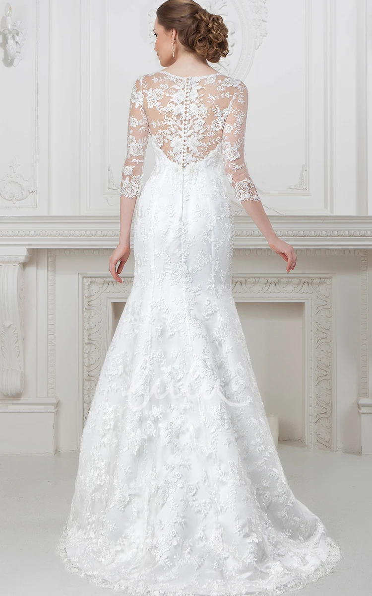 A-Line Lace Wedding Dress with Illusion Scoop-Neck 3-4-Sleeves