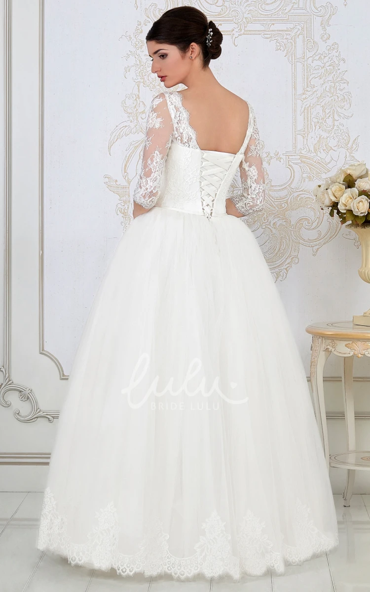 Tulle A-Line Wedding Dress with Half-Sleeve Lace Up Scoop-Neck