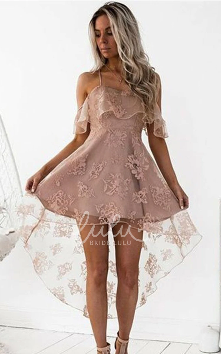 High-low Lace Spaghetti Strap A-line Flower Ruffles Homecoming Dress