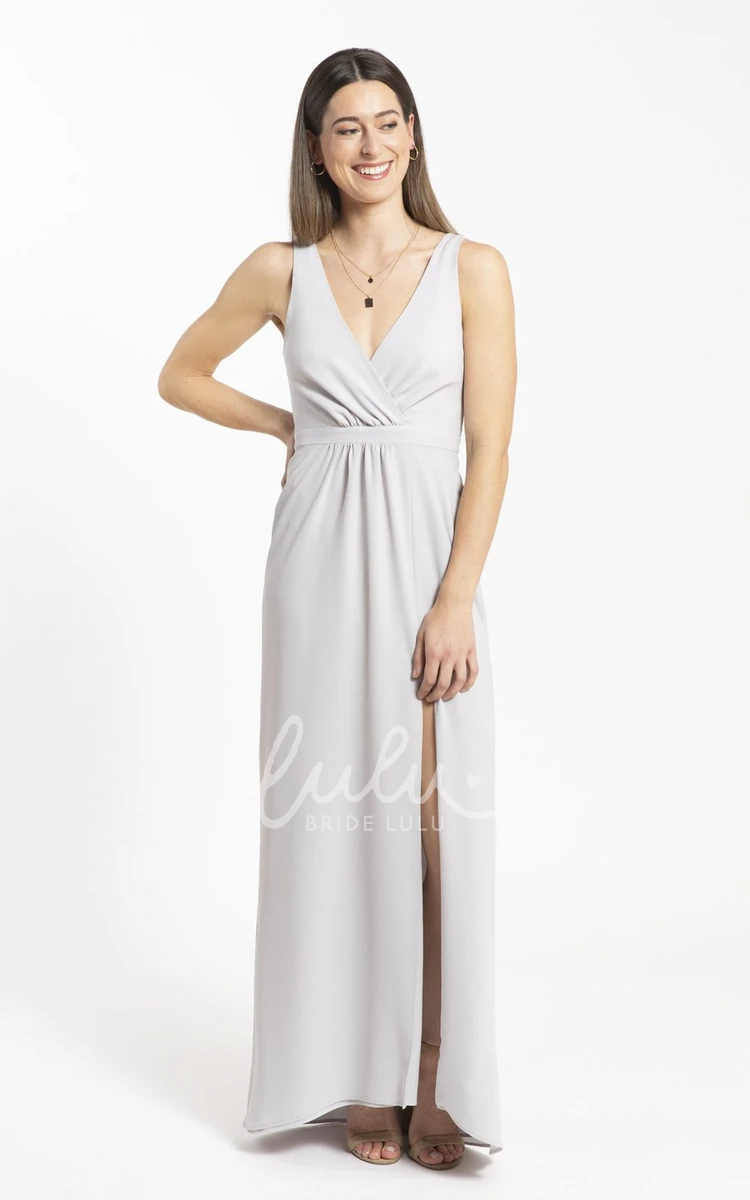 Sheath Chiffon Bridesmaid Dress with Front Split and Plunging Neckline Modern Bridesmaid Party Dress