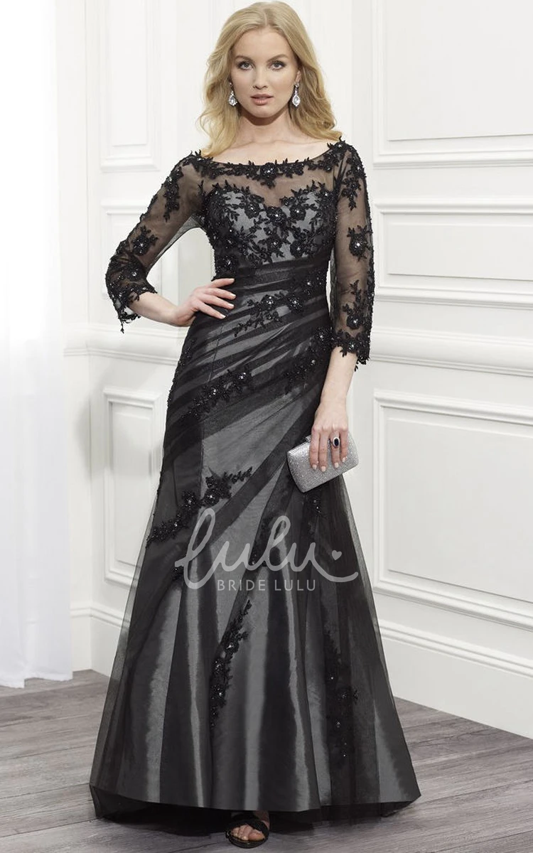 A-Line Tulle and Satin Dress with Appliques Side Draping and 3/4 Sleeves for Formal Events