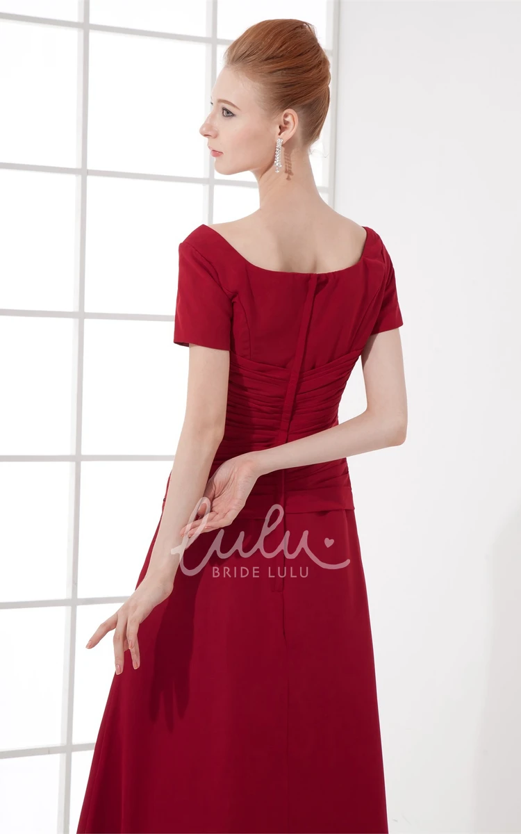 Short Sleeve Square Neck Bridesmaid Dress with Broach and Ruching Ankle Length