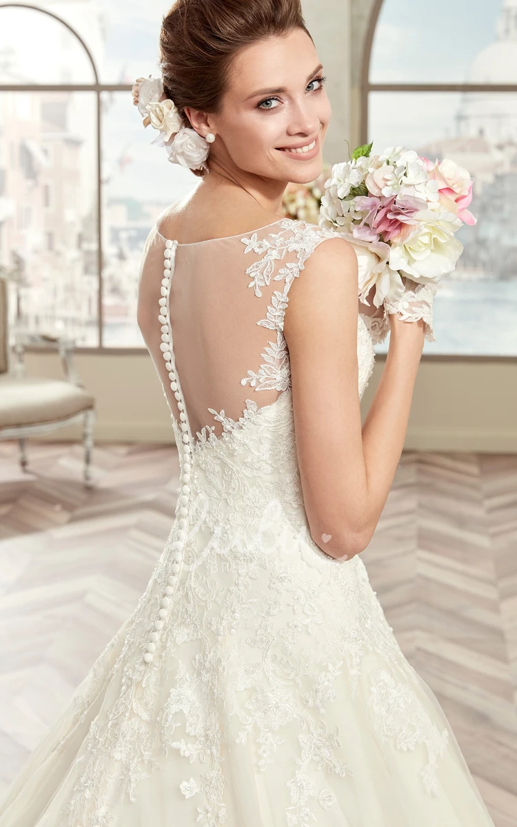 Classic Brush Train Cap Sleeve A-line Wedding Dress