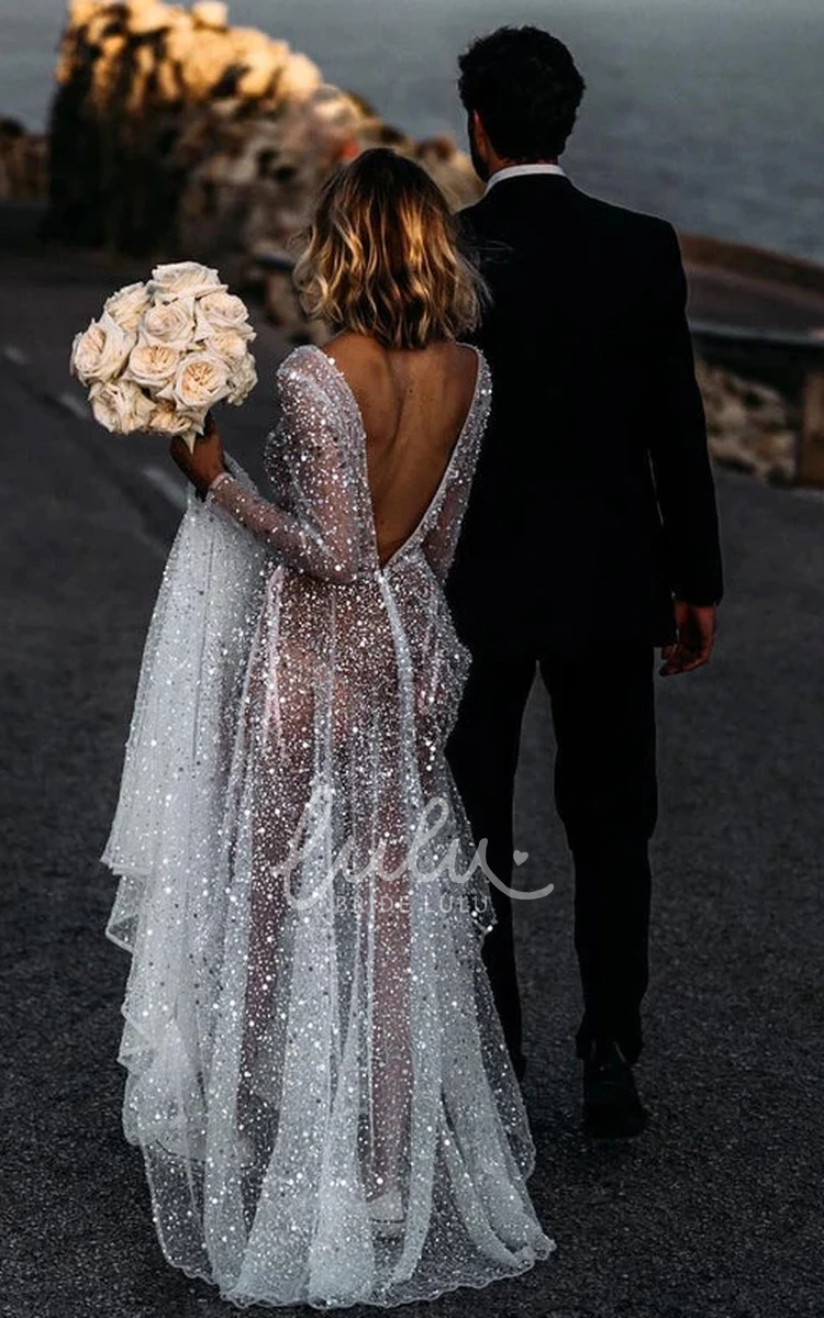Sexy Sparkly Sequins V Neck Long Sleeves A-Line See Through Wedding Dress with V Back