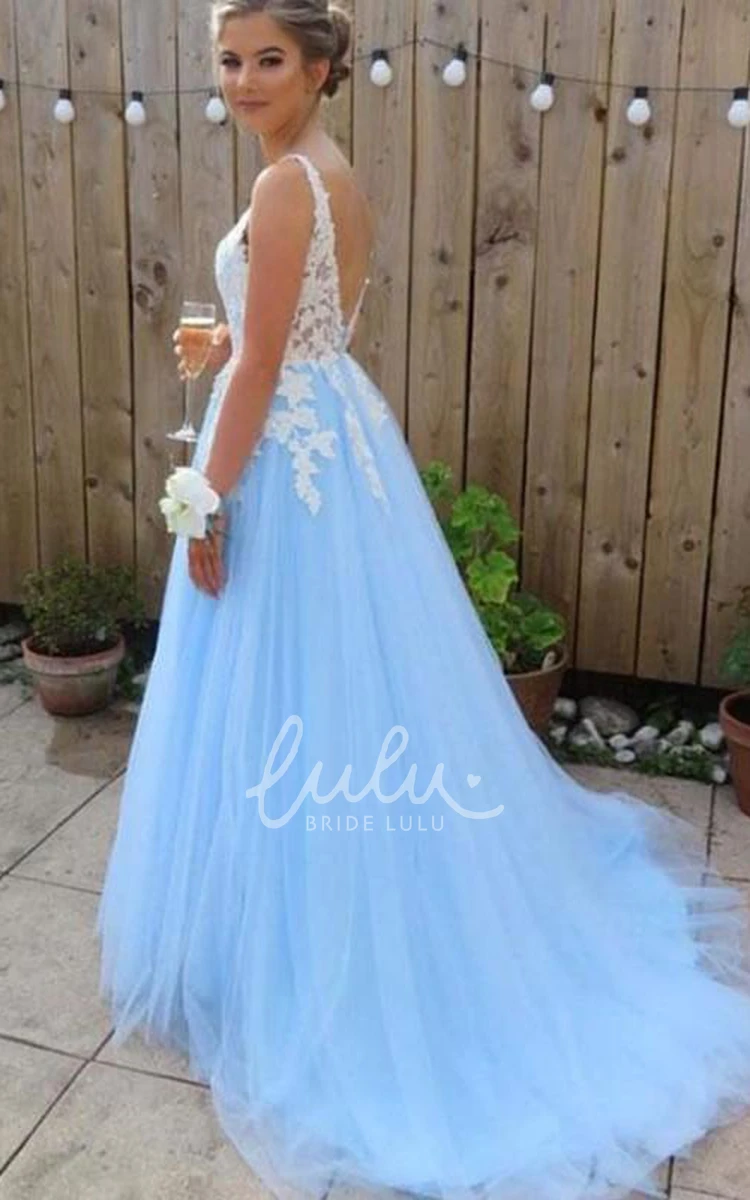 Tulle A-Line Prom Dress with Appliques Adorable and Low-V Back