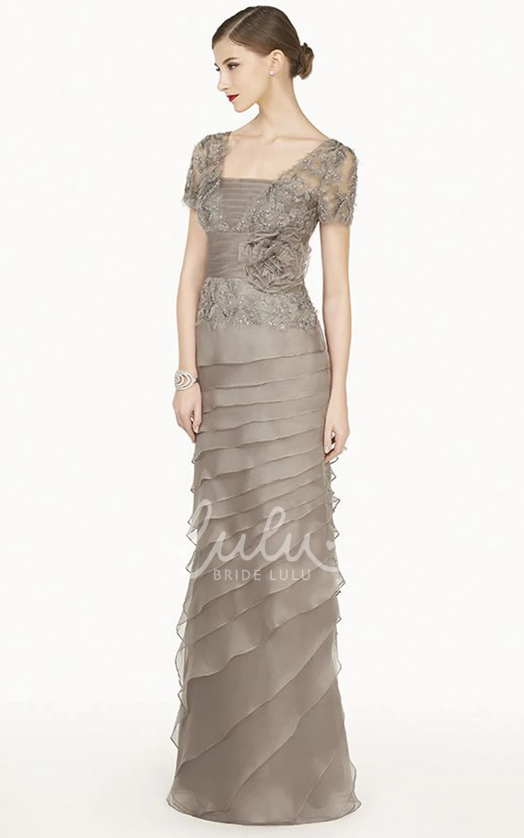 Long Empire Formal Dress with Lace Short-Sleeve Jacket Layered Skirt and Flower Sash