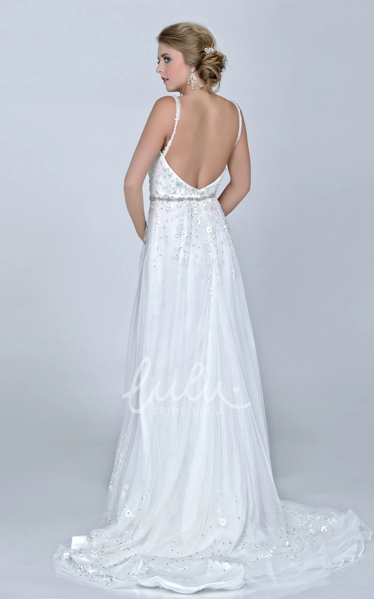 Sleeveless Lace Tulle Wedding Dress with Beadings Elegant Bridal Gown