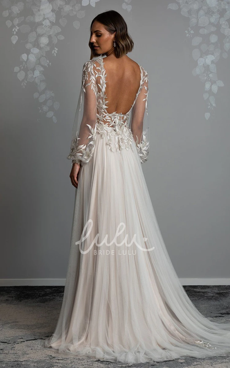 Tulle Beach Wedding Dress with V-neckline Appliques and Open Back