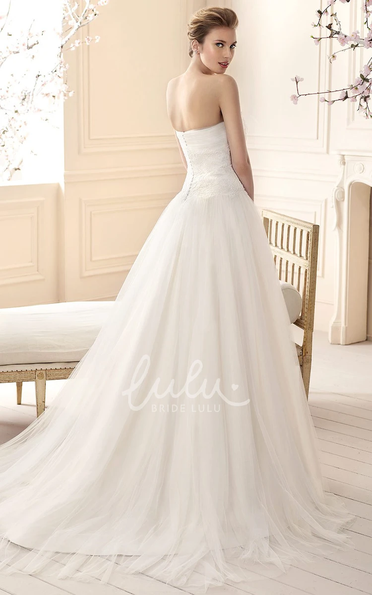 Strapless Tulle A-Line Wedding Dress With Appliques and Pleats