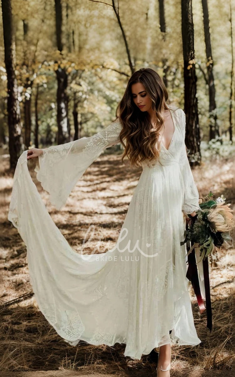 Simple Country Sexy Illusion Casual A-Line Lace Bohemian V-neck Wedding Dress With Bell Long Sleeves