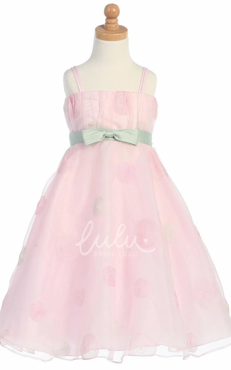 Organza Tea-Length Flower Girl Dress with Embroidery and Bow Accent