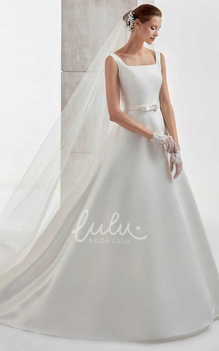 Satin A-Line Wedding Dress with Bow Belt and Brush Train Classic Bridal Gown