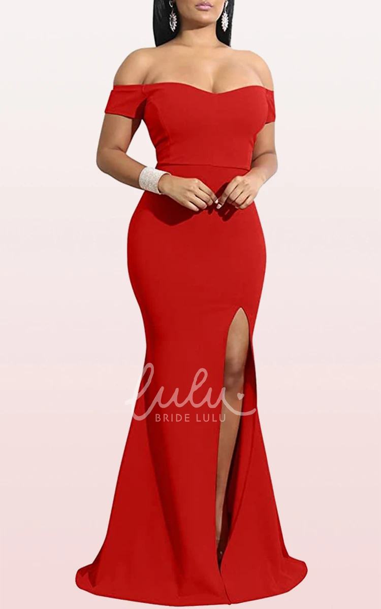 Off-the-Shoulder Mermaid Sleeveless Formal Dress Romantic Split Front Jersey