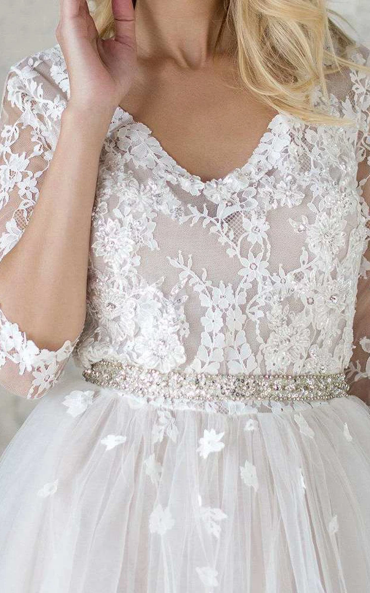 Beaded Lace Satin Wedding Dress with Tulle Sequins Sleeves