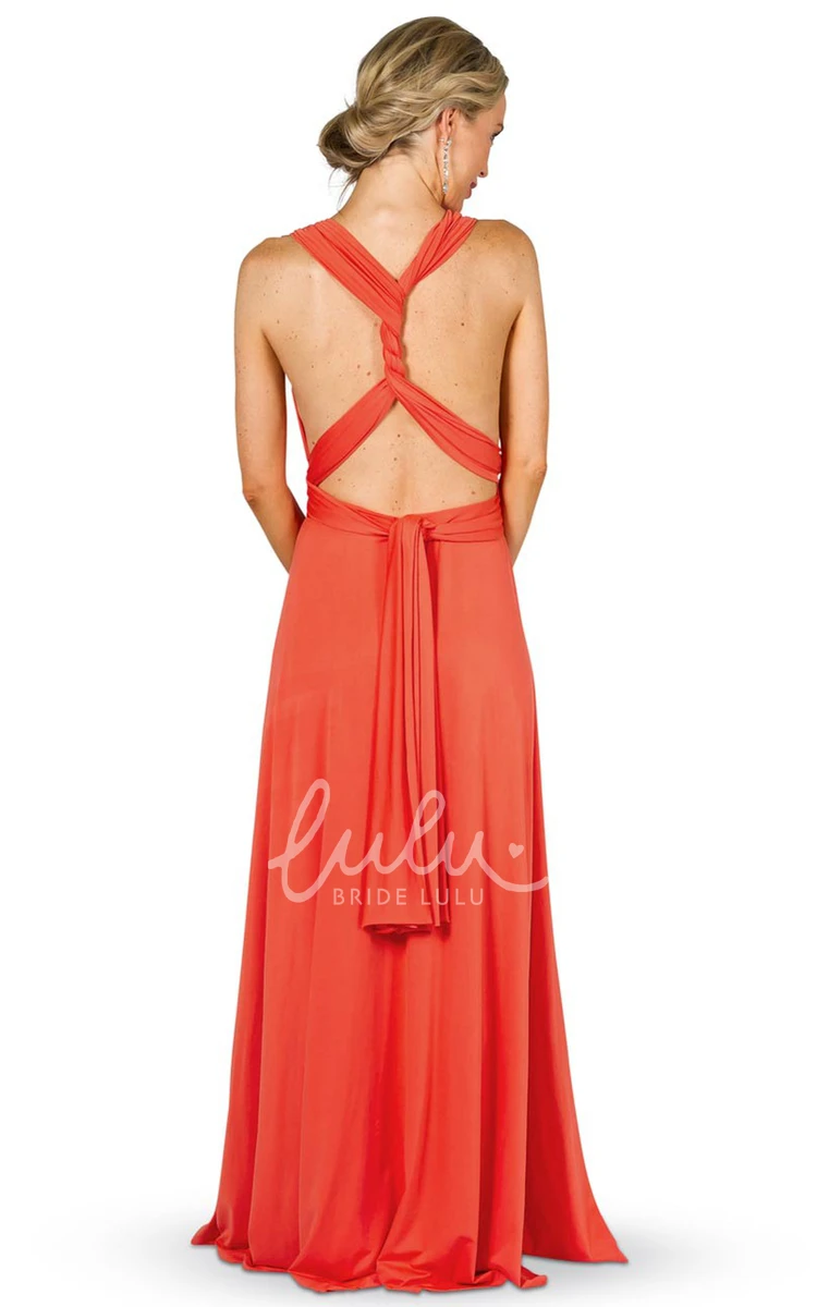 V-Neck Sleeveless Convertible Bridesmaid Dress Maxi Chiffon with Ruching