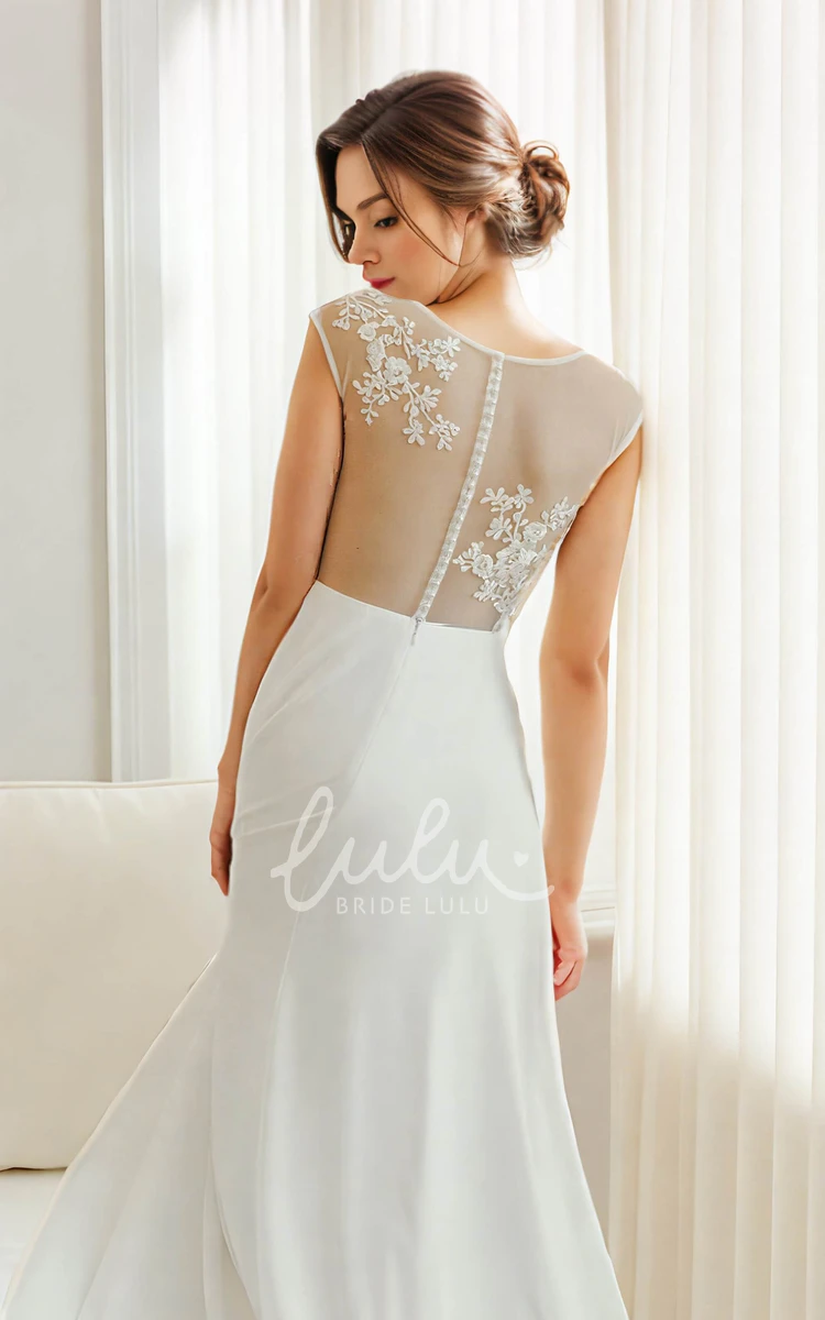 Elegant Ankle-length Lace Appliques Sleeveless Jewel Neck Sheath Wedding Bride Dress with Button Illusion Back