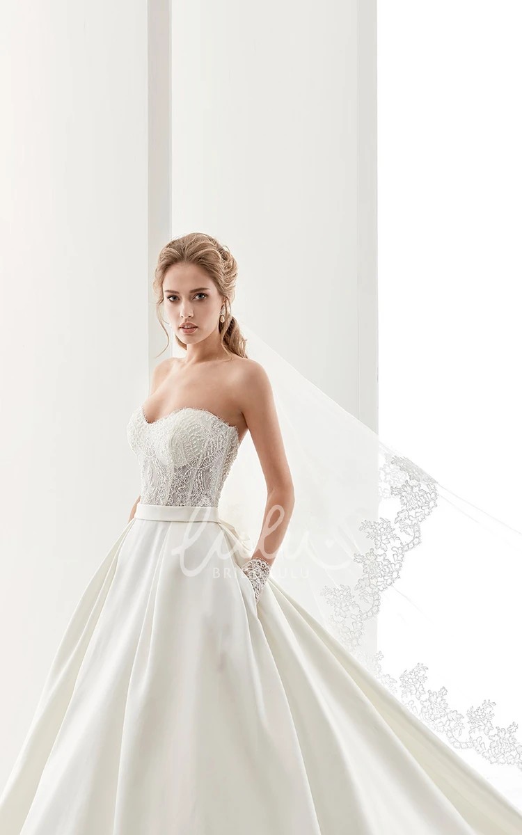 Satin A-Line Wedding Dress with Lace Bodice and Back Bow Sweetheart Neck
