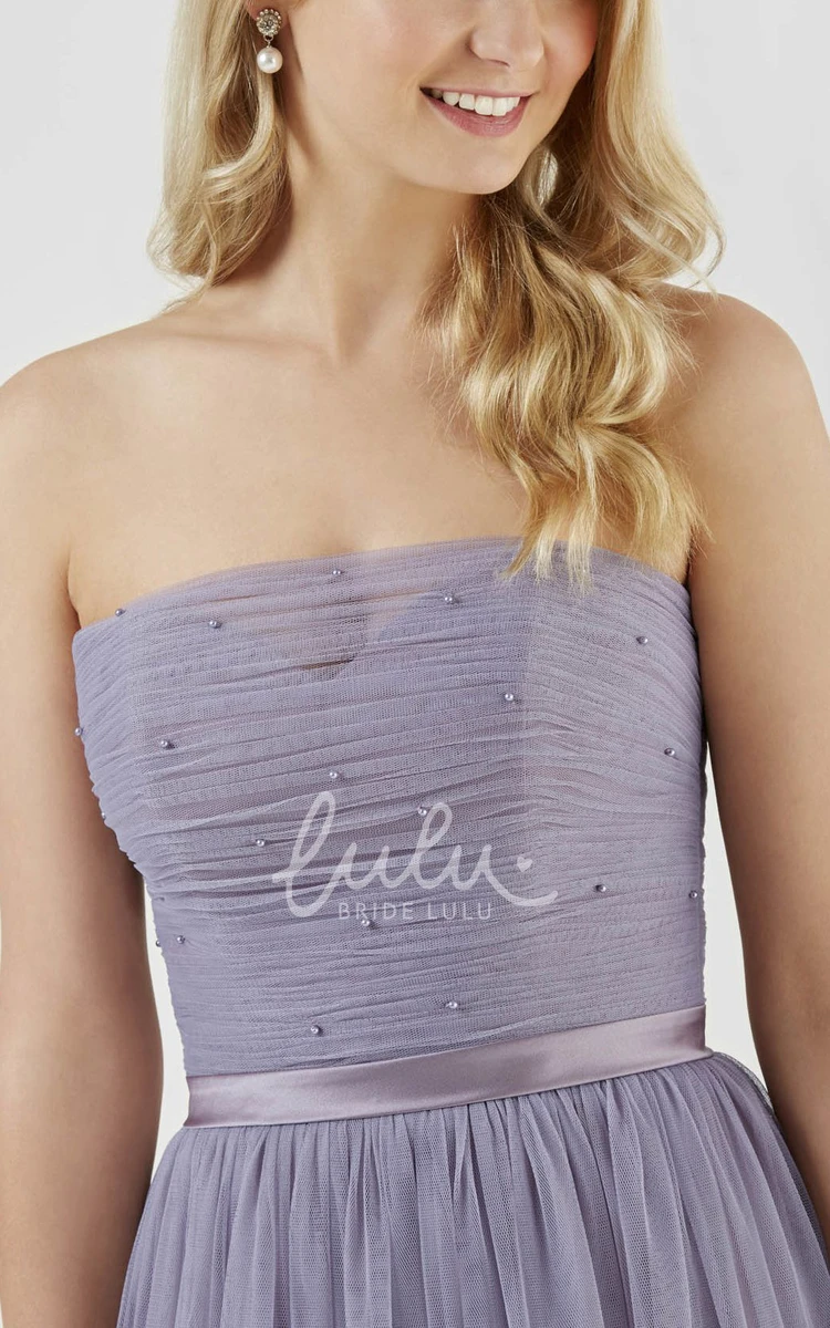 Strapless Tulle Bridesmaid Dress with Ruched Design Beading and Ribbon Accents