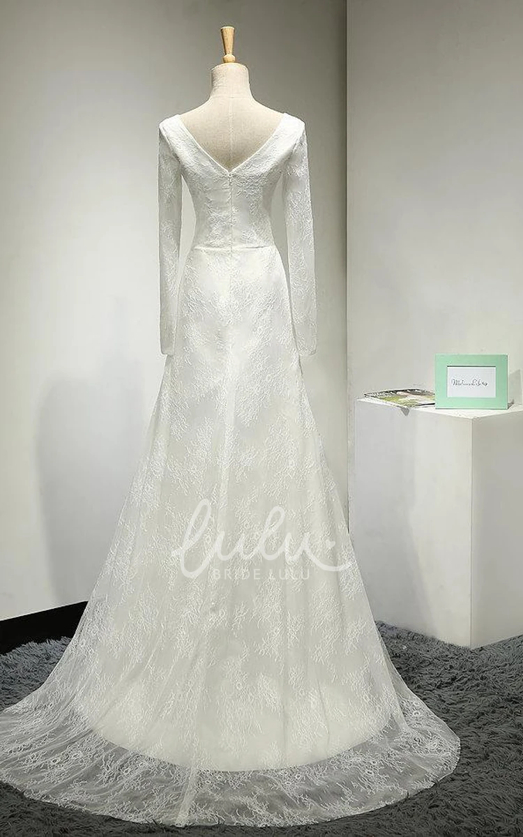 Long Sleeve Lace Tulle Wedding Dress A-Line Court Train