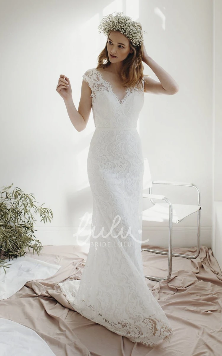 Lace Sheath Deep V-neck Wedding Dress with Cap Sleeves and Court Train