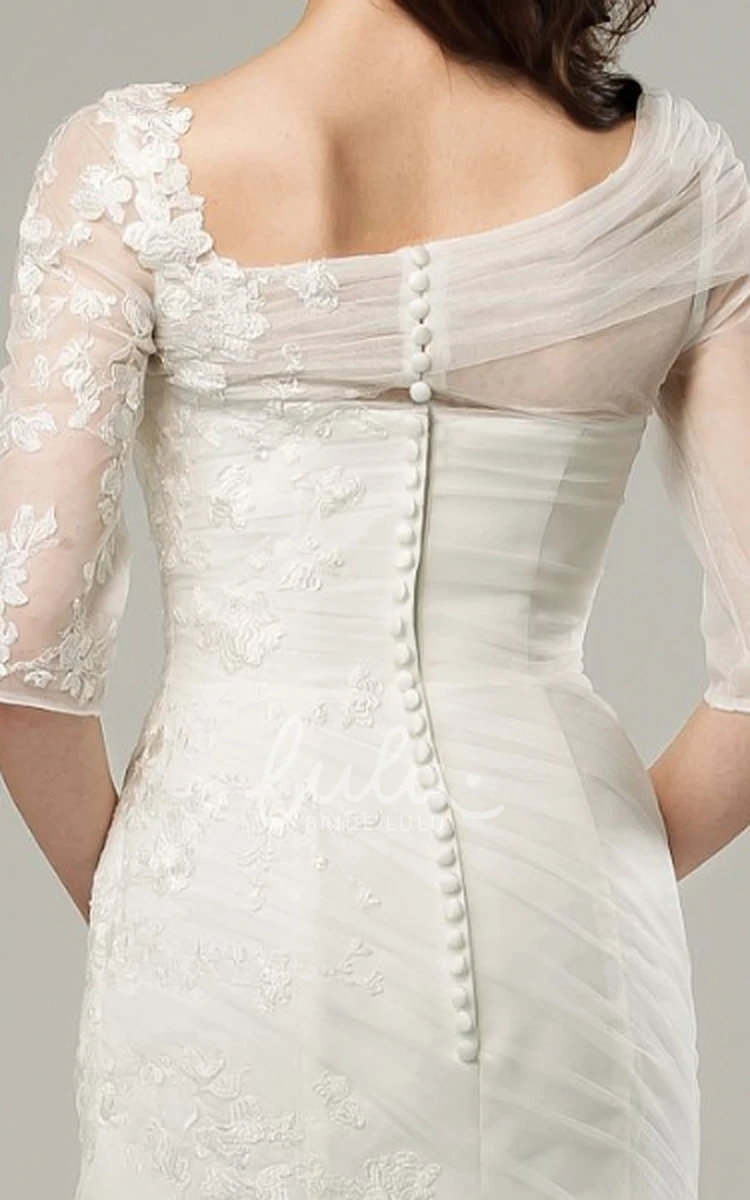 Half-Sleeve Tulle Wedding Dress with Ruched Scoop-Neck & Sweep Train