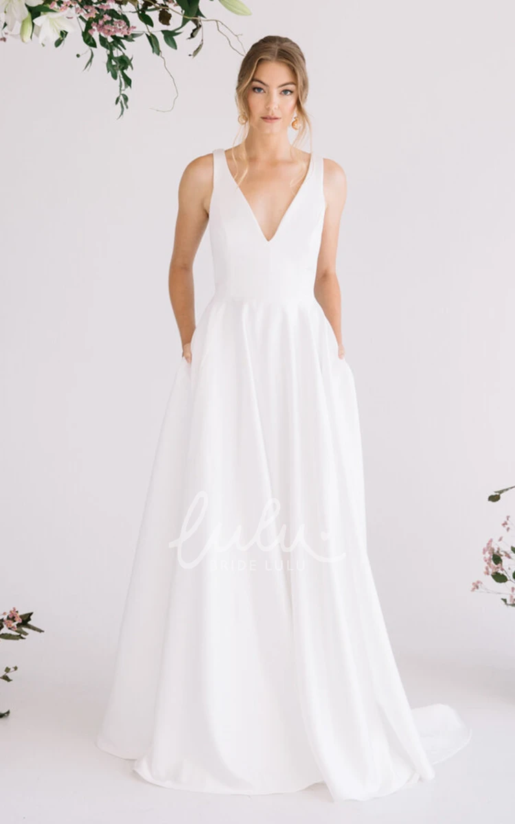 A-Line V-Neck Wedding Dress with Pockets and Court Train