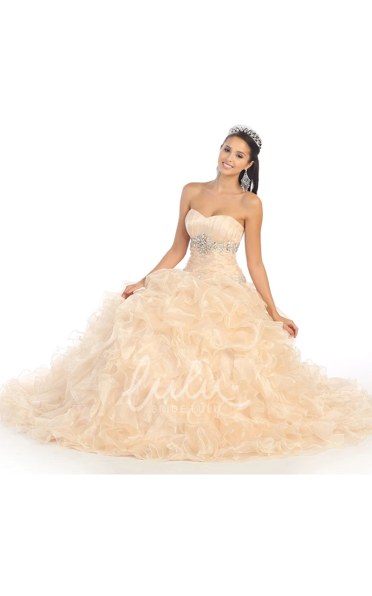 Jeweled Waist Organza Ruffled Ball Gown Dress Strapless Sleeveless