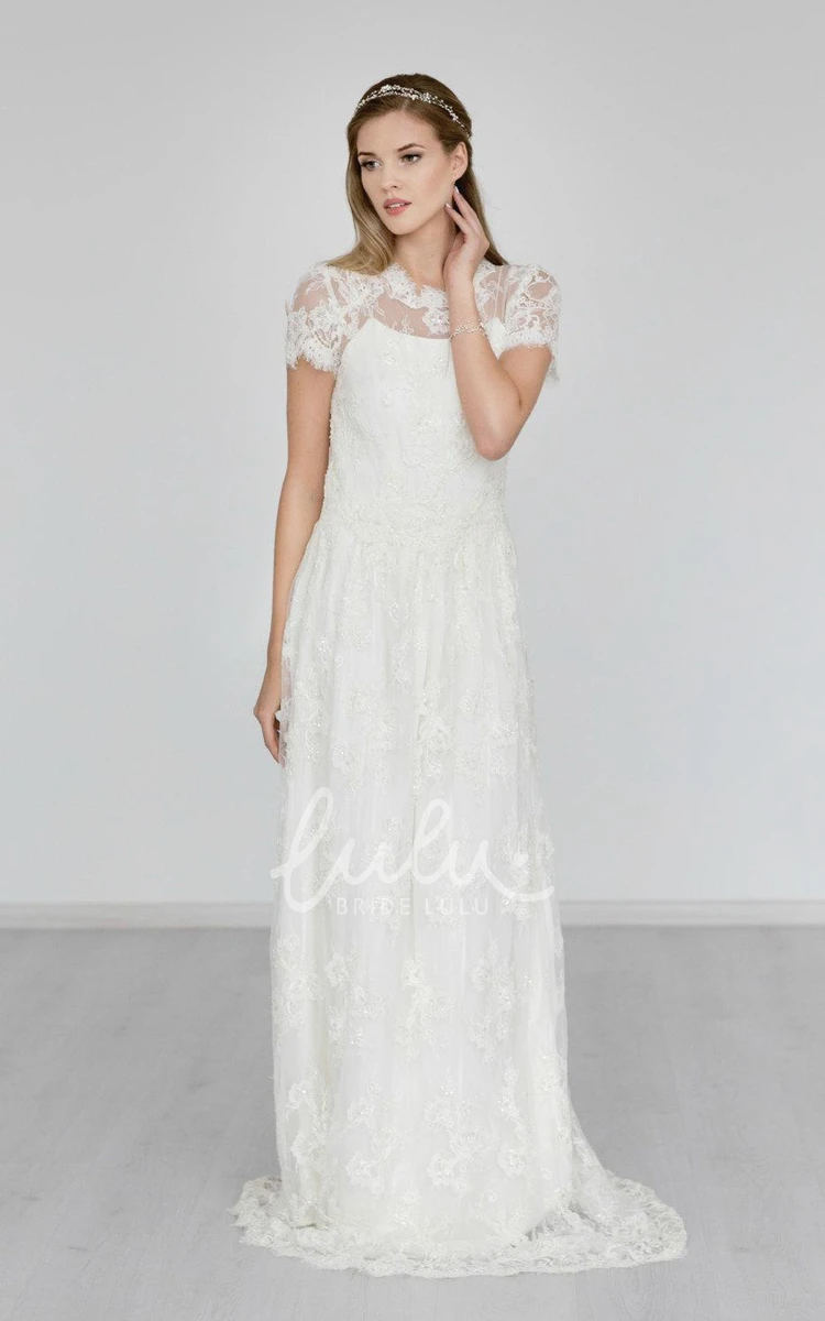 Boho Lace A-Line Wedding Dress with Brush Train High Neck Cap Sleeve