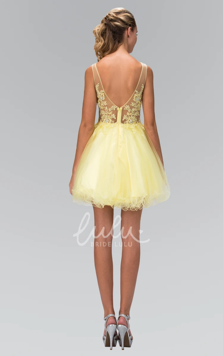 A-Line Bateau Dress with Appliques and Ruffles Short Sleeveless Low-V Back Formal Dress