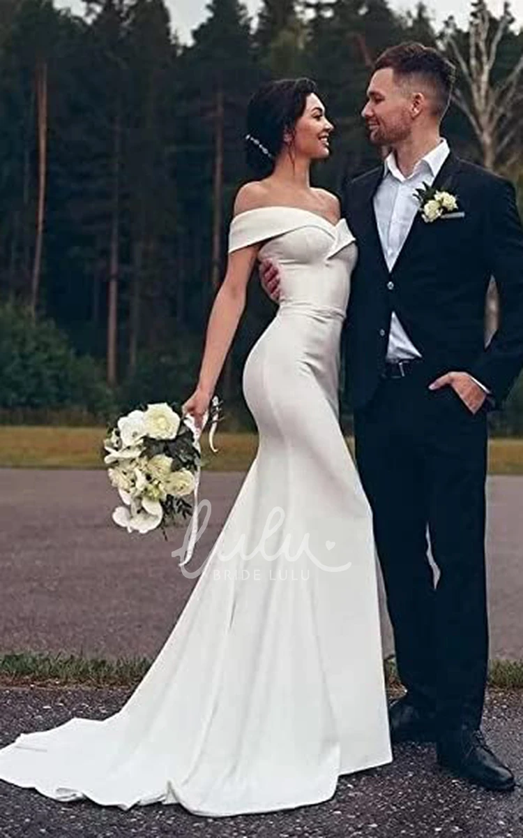 Mermaid Satin Wedding Dress with Off-the-Shoulder Short Sleeves for Country Garden Wedding Elegant Classy