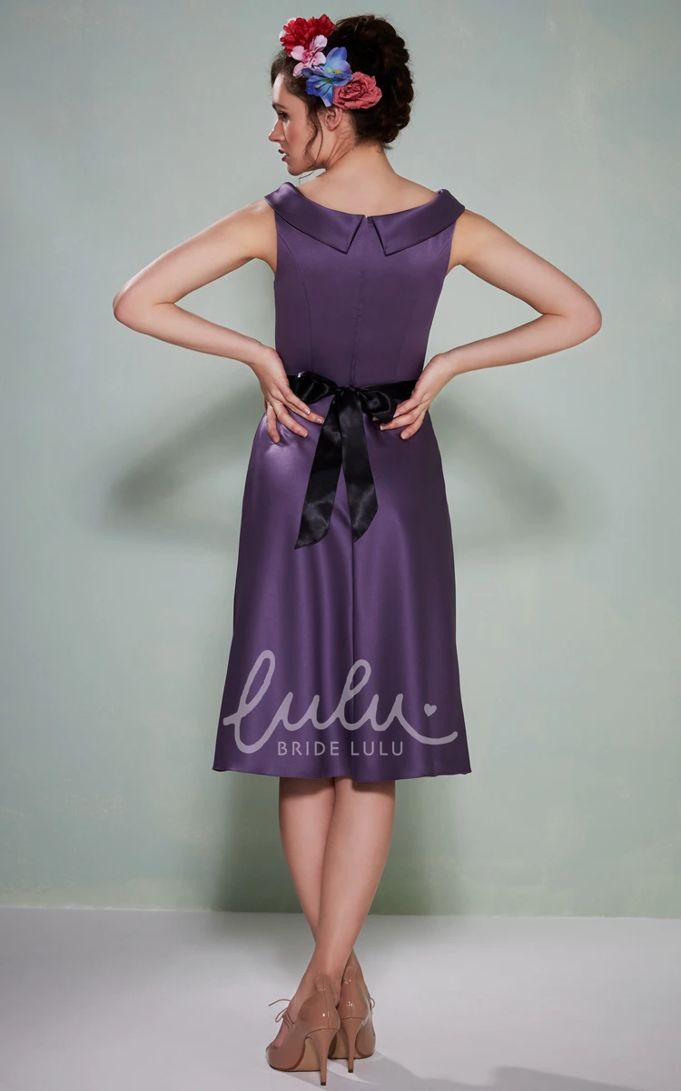 Floral Satin Tea-Length Bridesmaid Dress with Sash Elegant Bridesmaid Dress