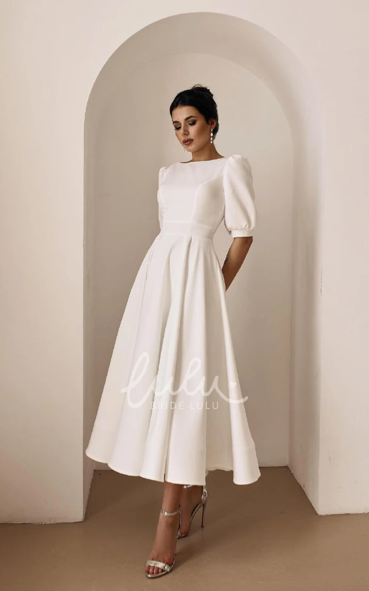 Minimalist Tea Length Summer Wedding Dress Modern Civil A-Line Puff Sleeves Gown for Second Marriage