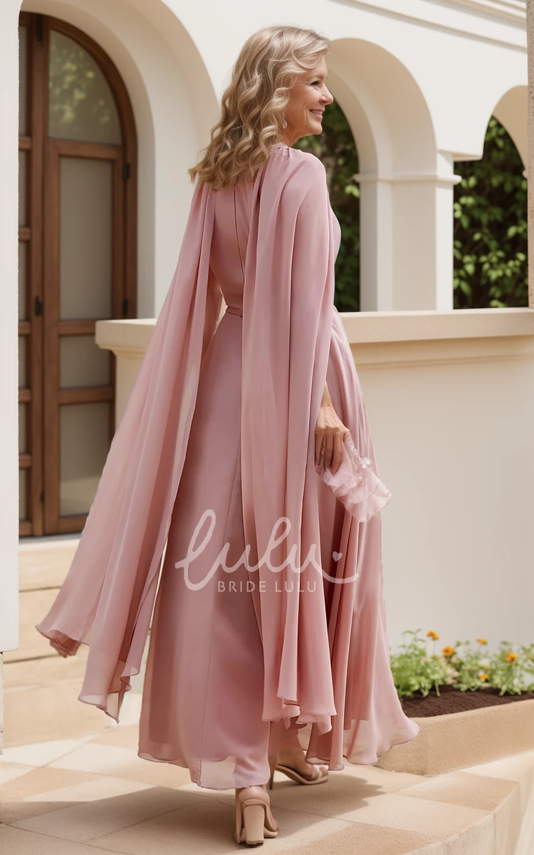 Ankle-length Sleeveless A-Line Jewel Neck Chiffon Elegant Zipper Back with Cape Guest Evening Cocktail Dress