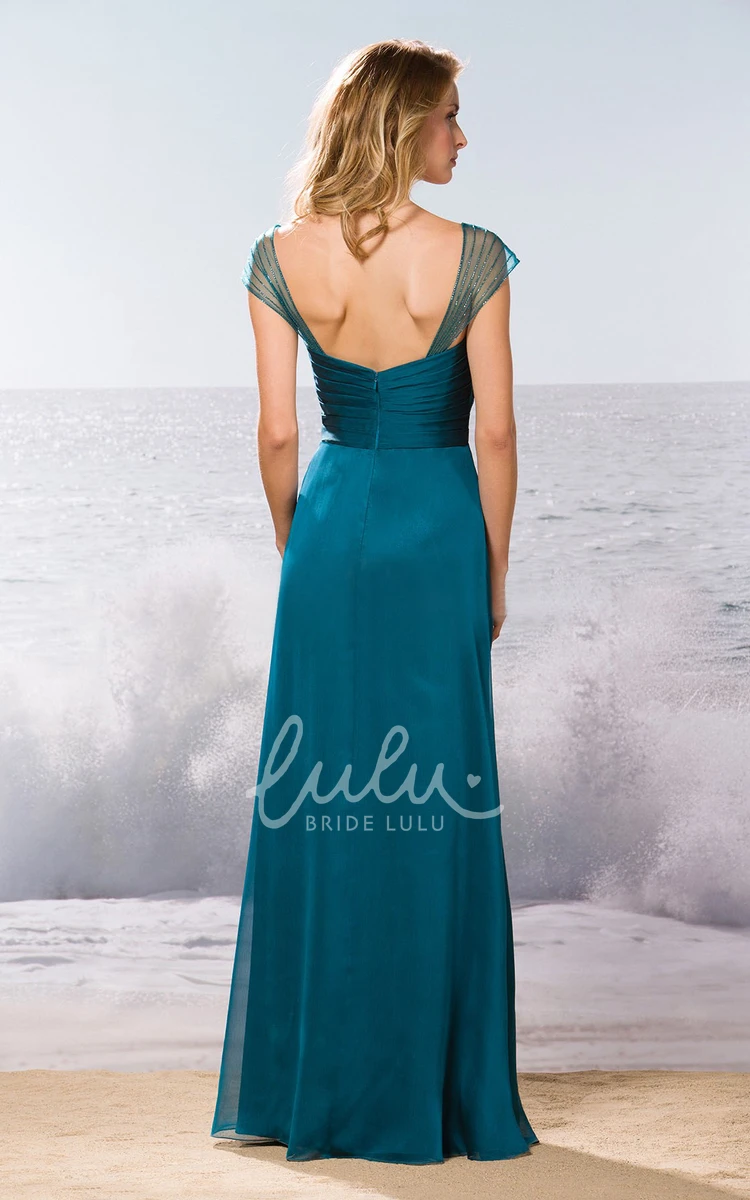 Cap-Sleeved Bridesmaid Dress with Ruching & Beadings Long Crisscross