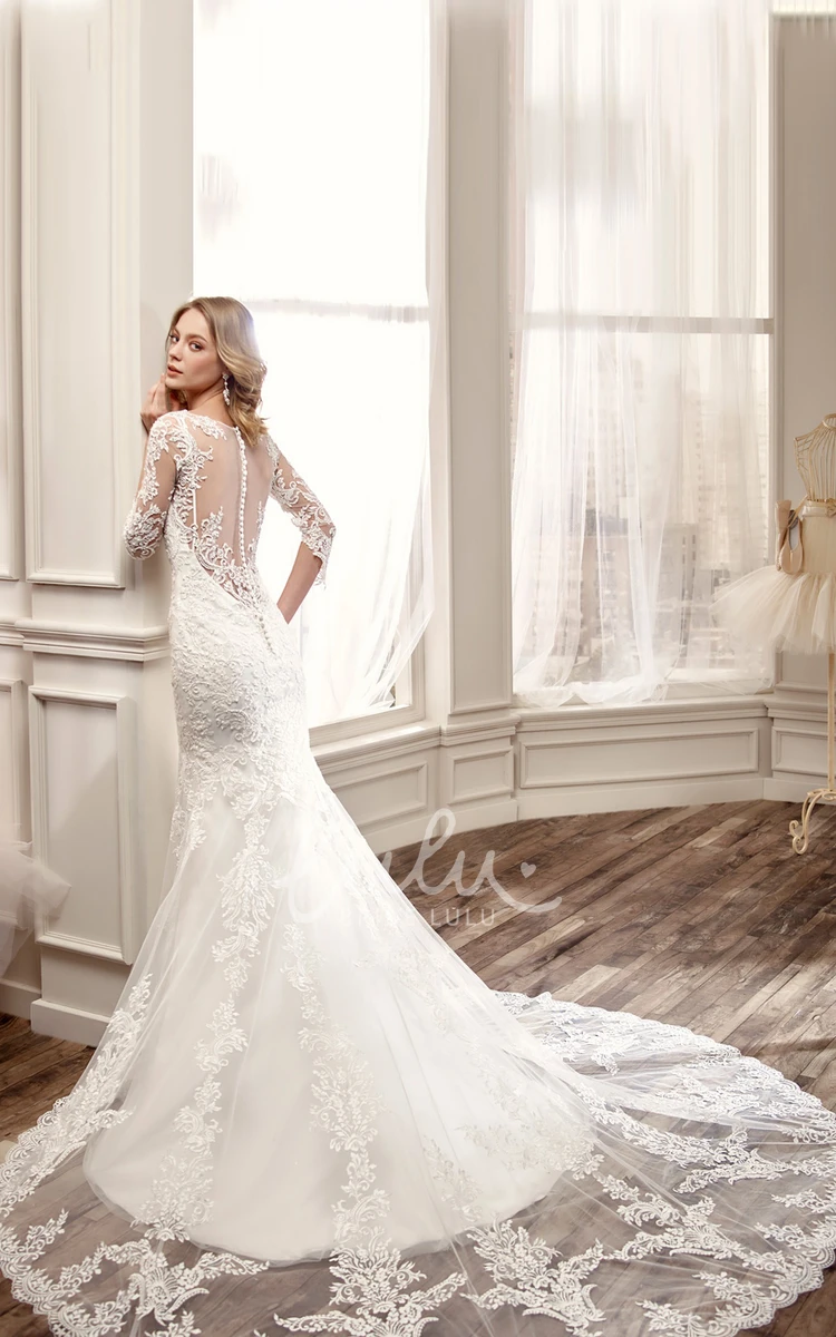 Illusion Back Mermaid Lace Wedding Dress with Court Train 3/4 Sleeve