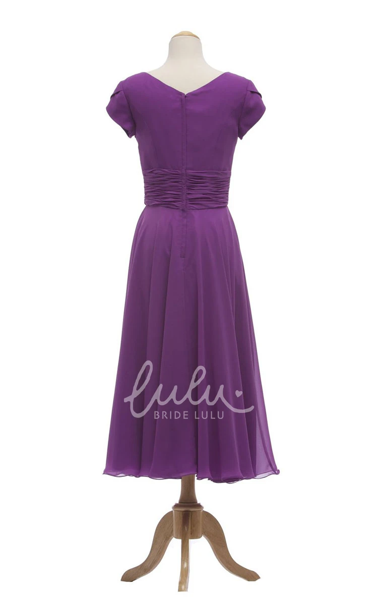 Tea-length Petal Sleeve V-neck Dress with Ruched Waist for Formals