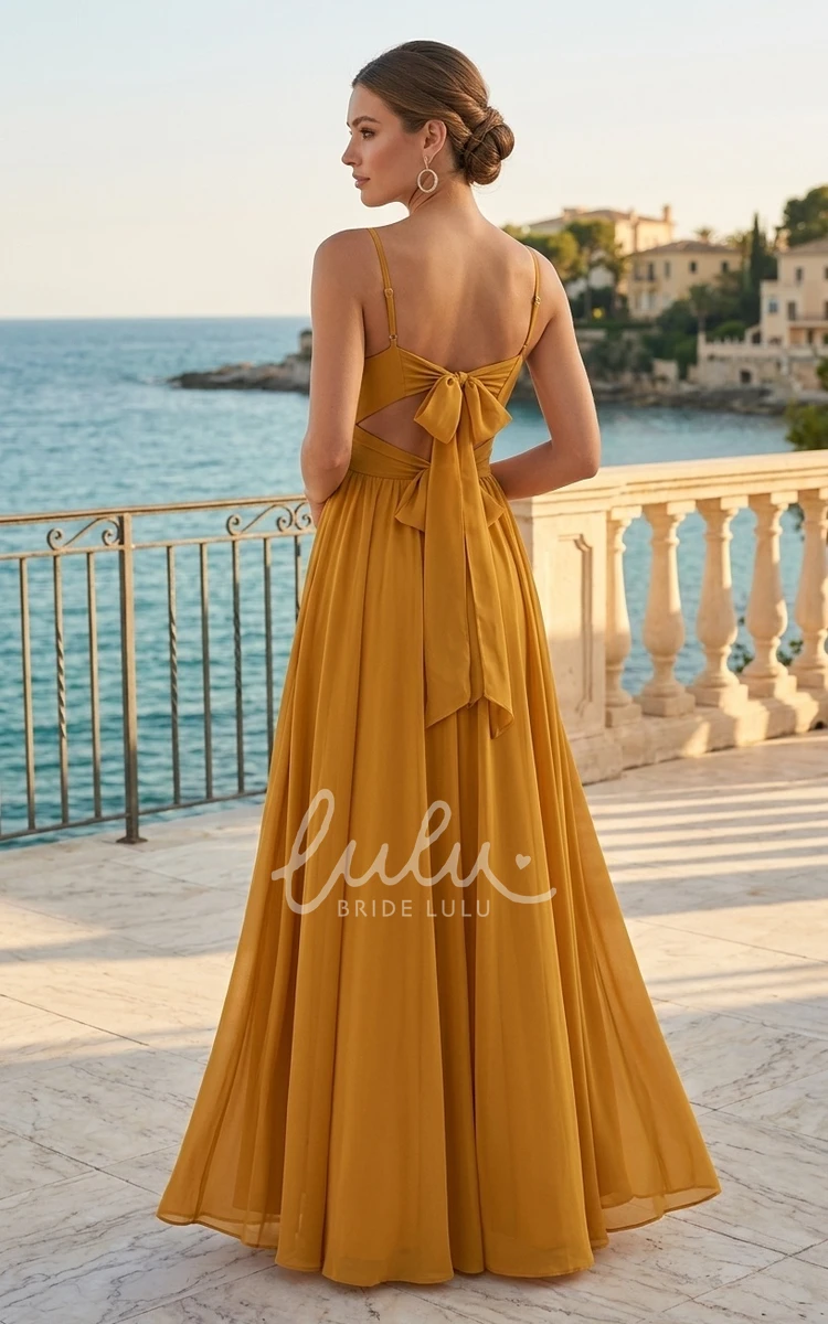 Solid Casual Chiffon A-Line Spaghetti V-neck Bridesmaid Dress Modern Simple Plus Size Floor-length Straps Sleeveless Tied Back Split Front Evening Dress