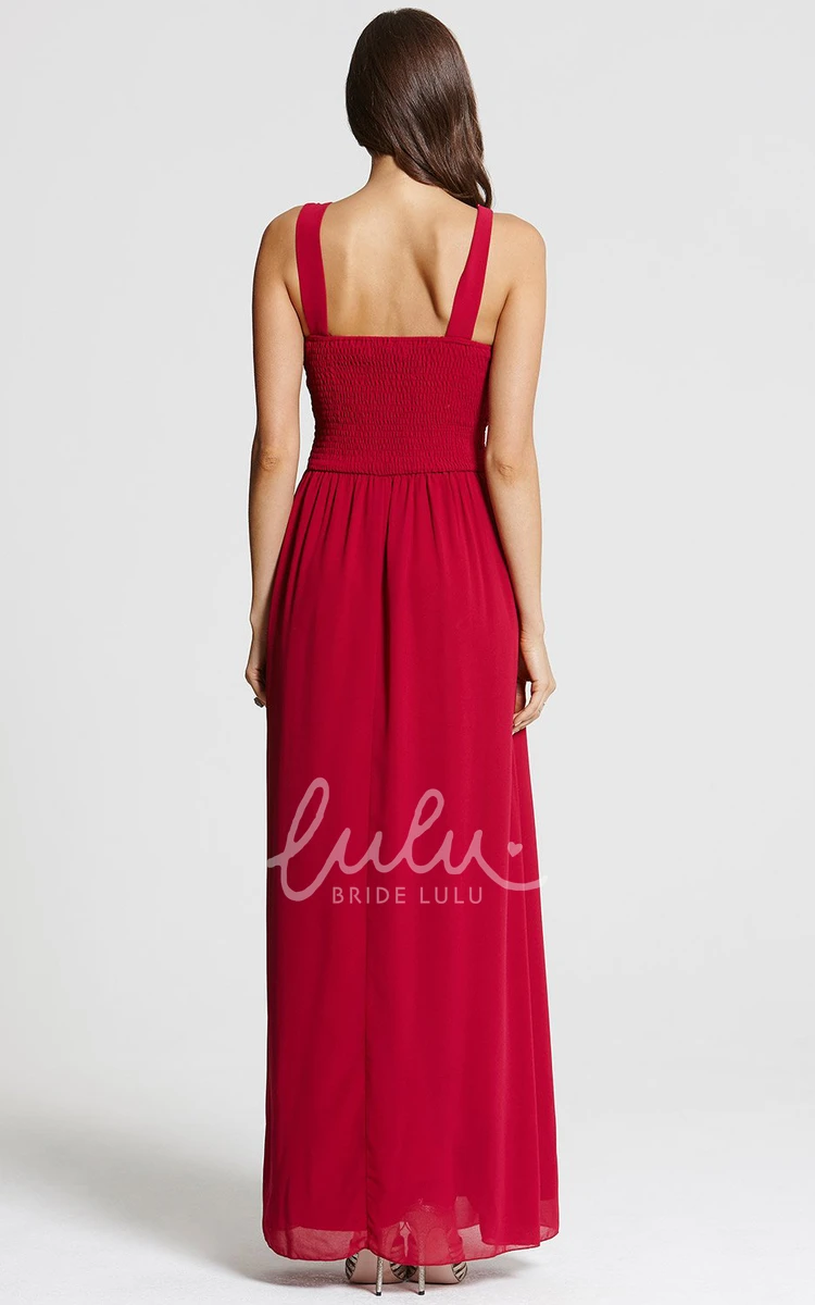 High Neck Ruched Chiffon Bridesmaid Dress with Straps Ankle-Length and Unique