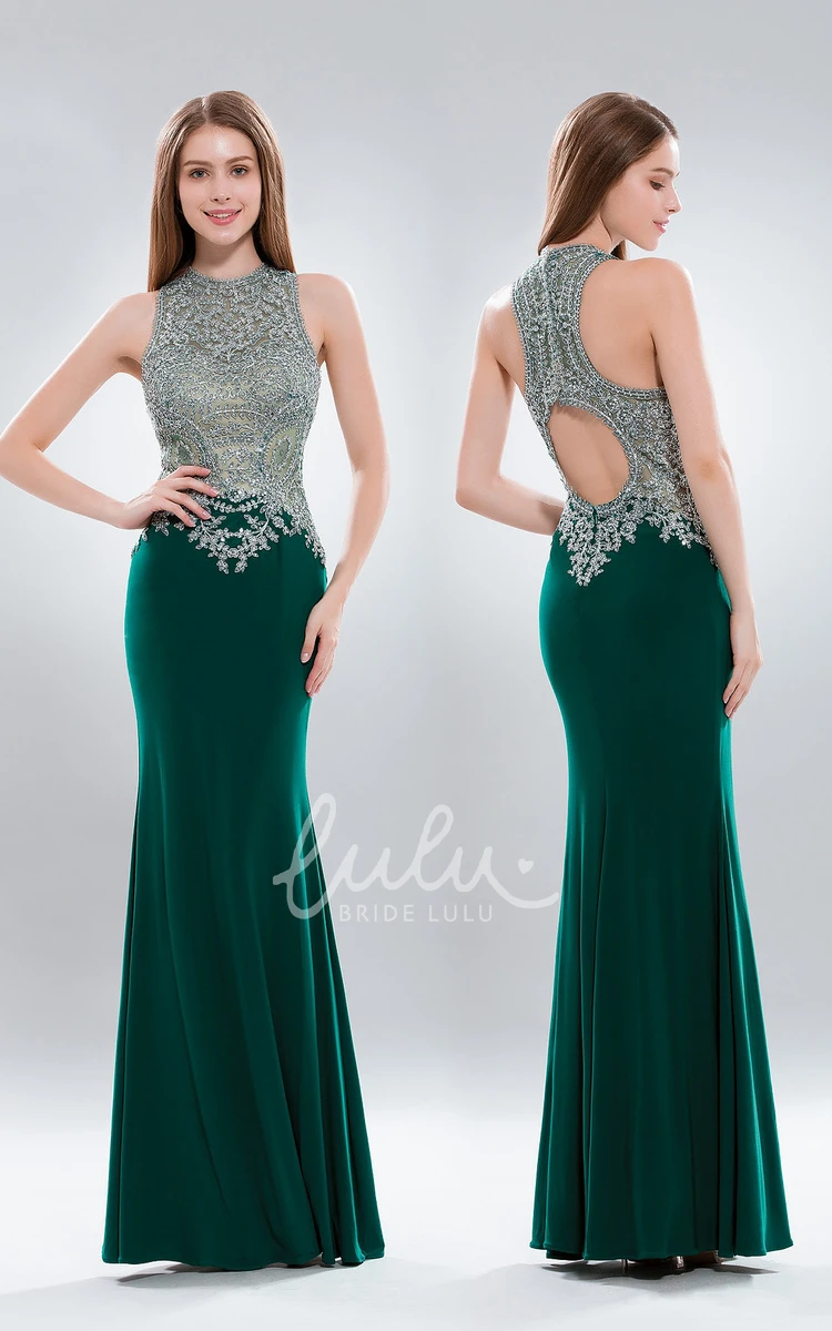 Sleeveless Jewel-Neck Sheath Jersey Formal Dress with Beading and Pleats