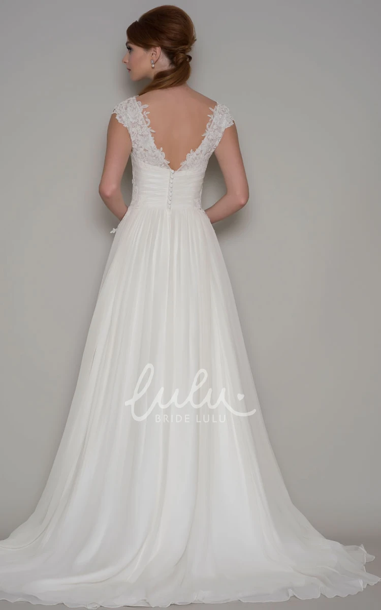 Cap-Sleeve Floor-Length A-Line Chiffon Wedding Dress With Lace Flowy Bridal Gown