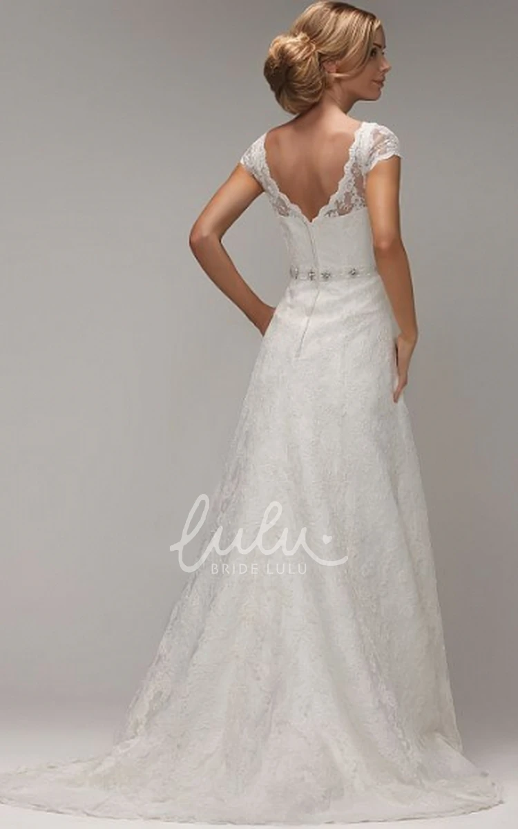 V-Neck Cap-Sleeve Lace Wedding Dress with Jeweled Appliques and V Back Stunning Bridal Gown