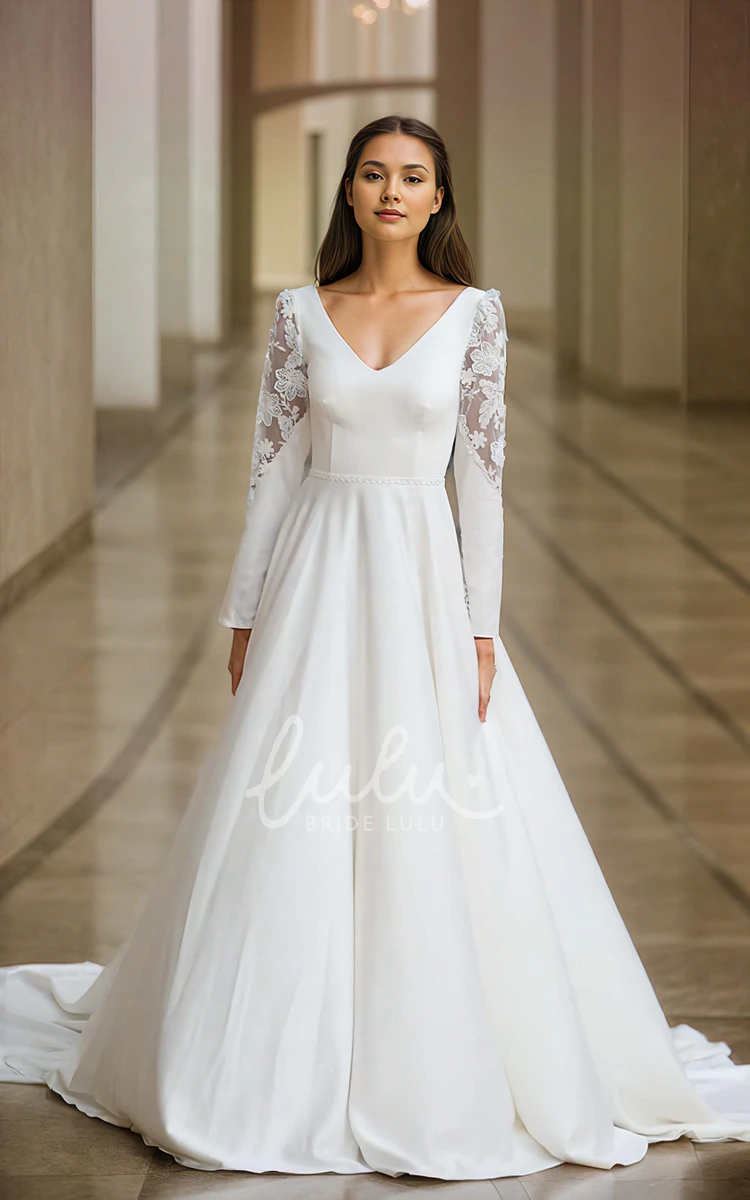 Solid Elegant Satin Appliques V-neck A-Line Wedding Dress Ethereal Sexy Flowers Long Sleeve Floor-length with Train Zipper V Back Bridal Gown