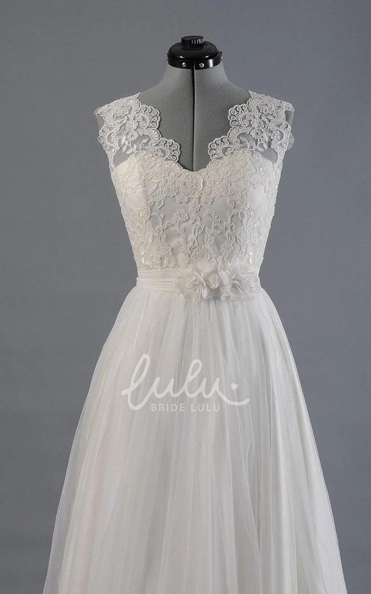 A-Line Alencon Lace Tulle Wedding Dress with V-Neck and Sleeveless