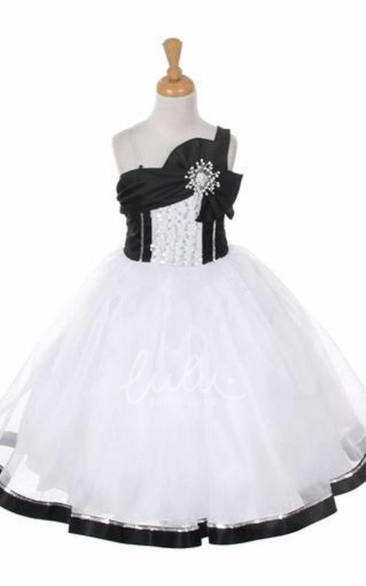 Tiered Organza Sequin Flower Girl Dress Tea-Length Broach Bowed Sash Bridesmaid