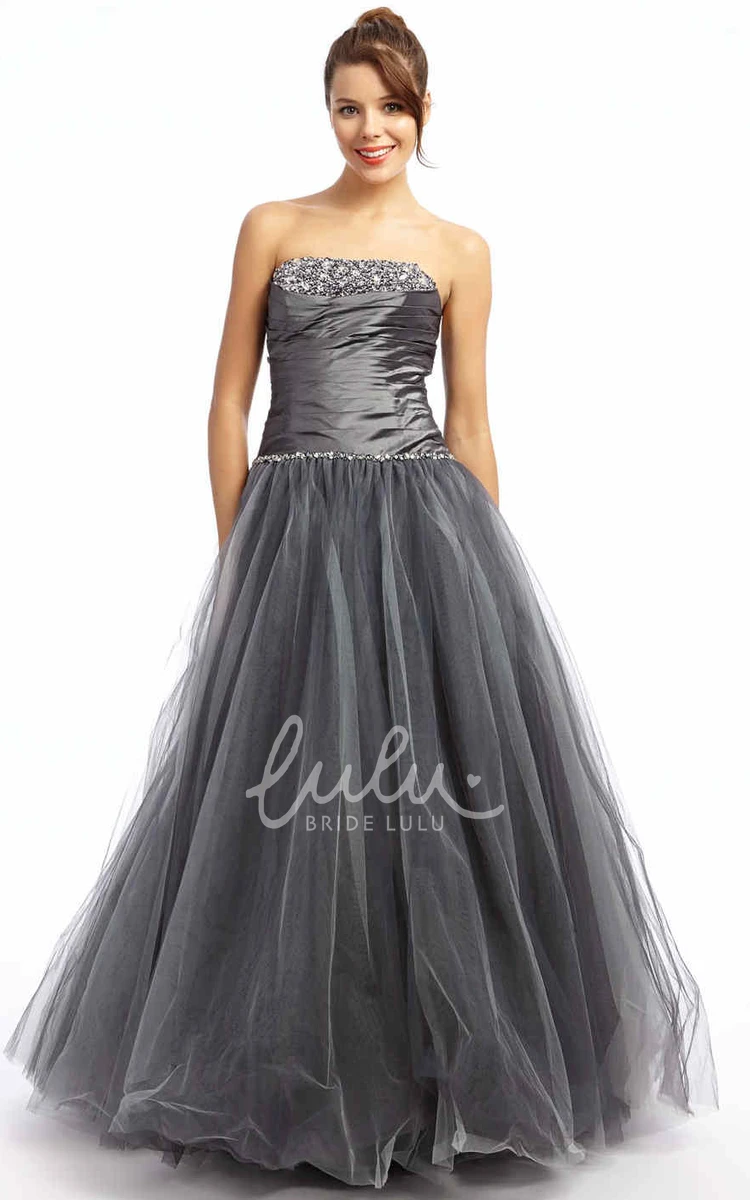 Beaded Strapless Maxi Tulle Prom Dress with Ruching A-Line Sleeveless