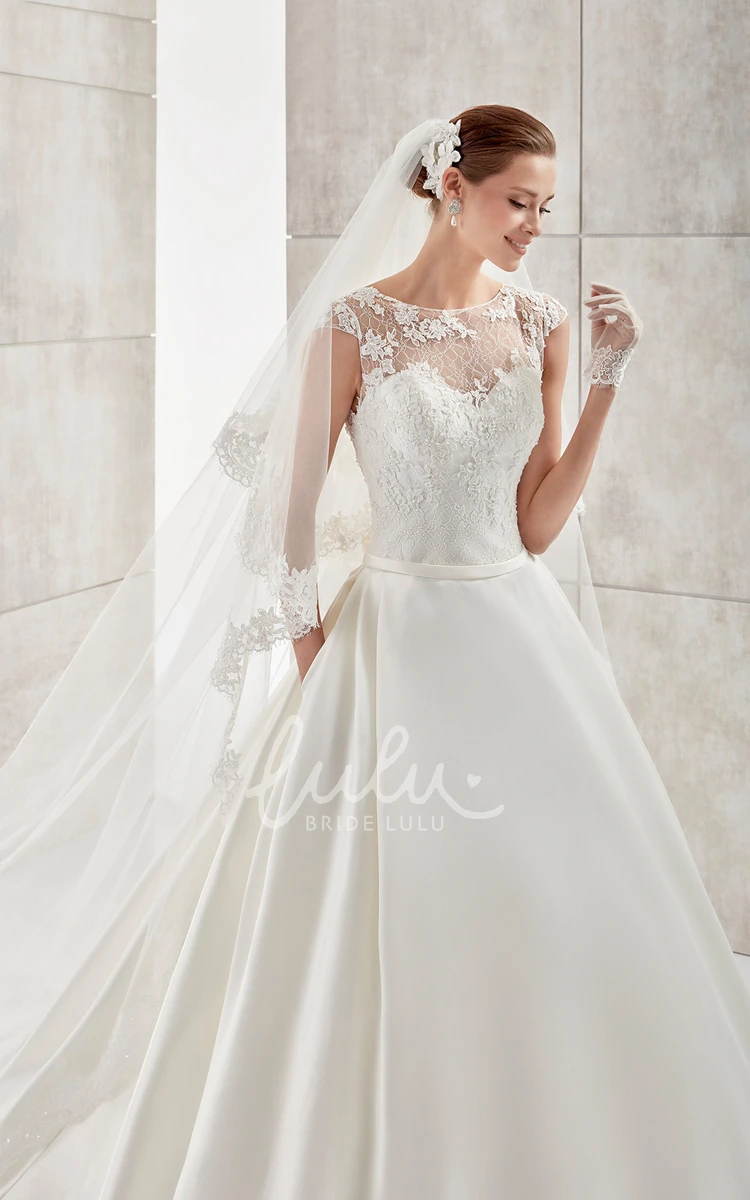 Illusive Design A-line Satin Wedding Dress with Jewel-Neck and Cap-Sleeves Unique Wedding Dress