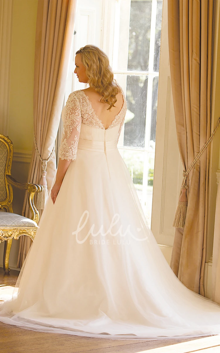 Tulle V-Neck 3-4-Sleeve A-Line Plus Size Wedding Dress