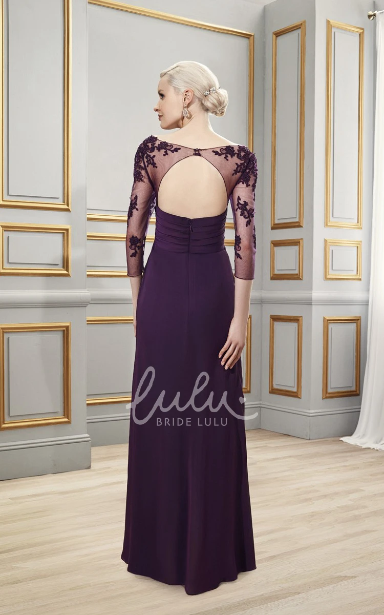 Appliqued Chiffon Formal Dress with 3/4 Sleeve Bateau Neck