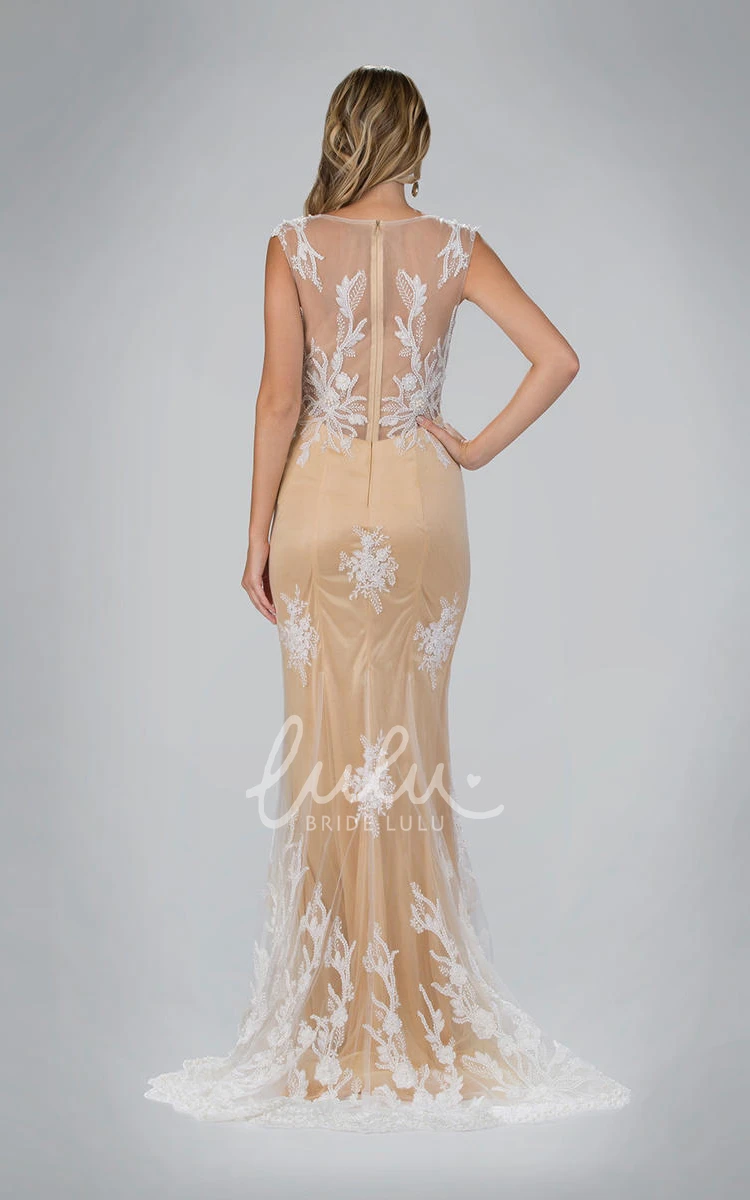 Lace Illusion Sheath Formal Dress with Appliques and Bateau Neckline